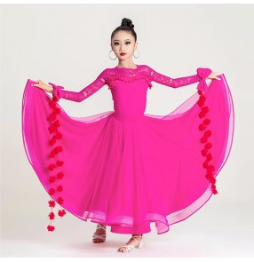 Girls kids orange coffee colored lace ballroom dance dresses for children flowers bowknot waltz tango foxtrot smooth dance long skirts for children